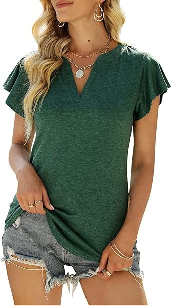 Womens Summer Tops Ruffle Short Sleeves T-Shirts Casual V Neck Loose Fit Tunic