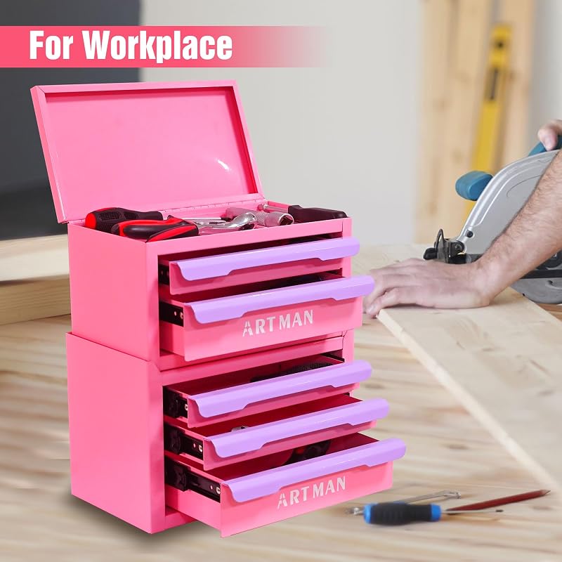 5-Drawer Metal Tool Box for DIY, Pink-Purple | with Sliding Drawers, Desktop Tool Box, Small Steel Tool Chest, Portable Benchtop Toolbox for Jewelry & Office