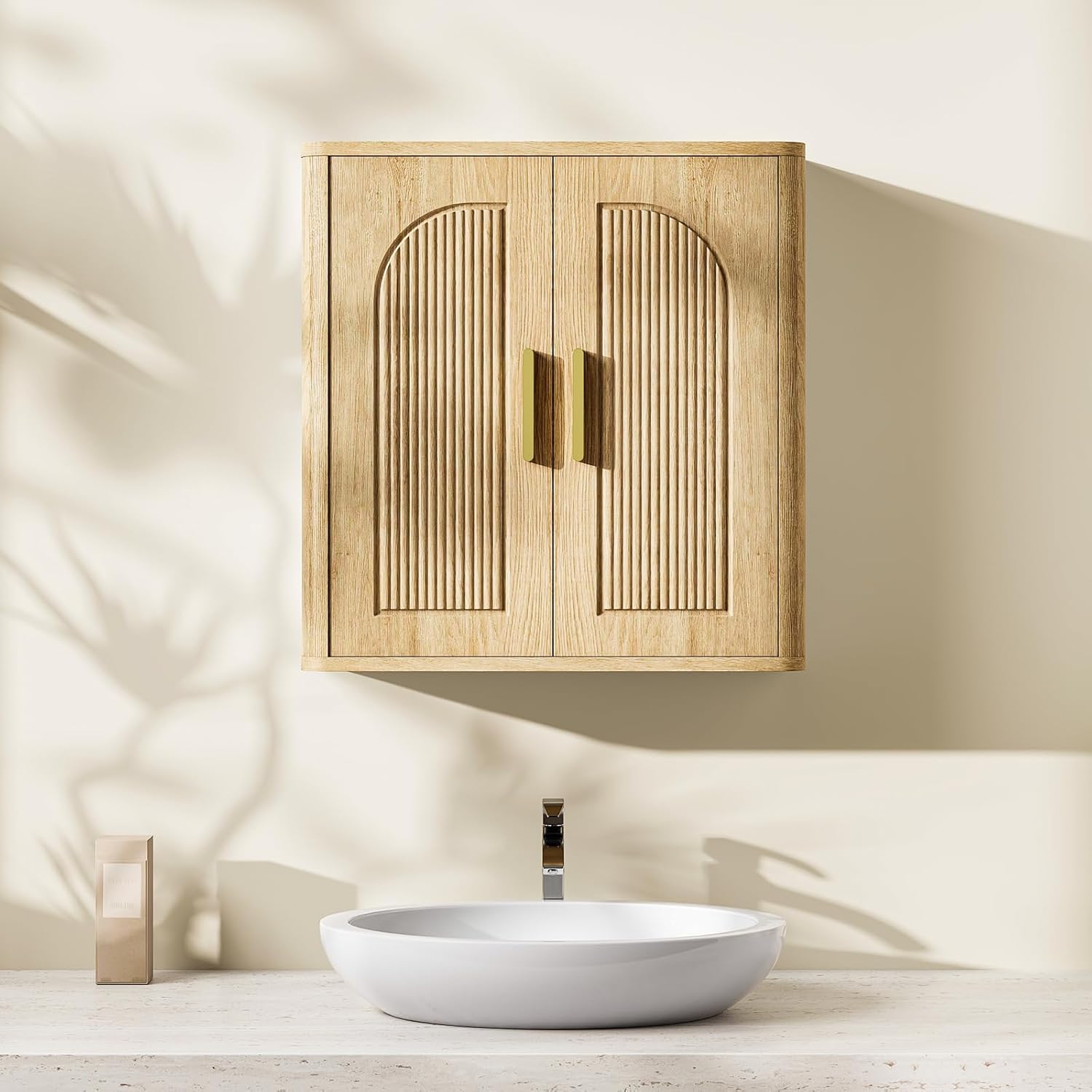 Bathroom Wall Cabinet, Medicine Cabinet, Bathroom Storage Cabinet with Adjustable Shelves and Fluted Doors, Over Toilet Storage Cabinet, for Bathroom, Bedroom, Kitchen, Living Room, Natural