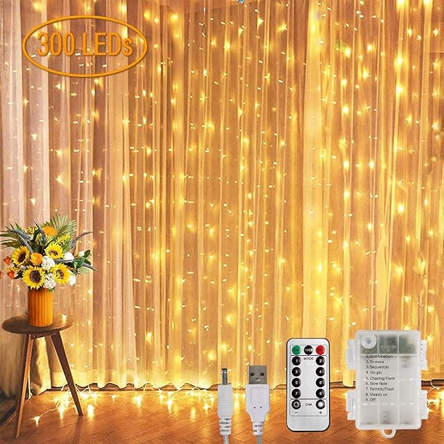 Koopower Curtain Fairy Lights, 3m x 3m 300LED Fairy String Lights Battery & USB Plug in Dual Powered Christmas Window Lights 8 Modes with Remote Timer for Indoor Bedroom Wedding-Warm White