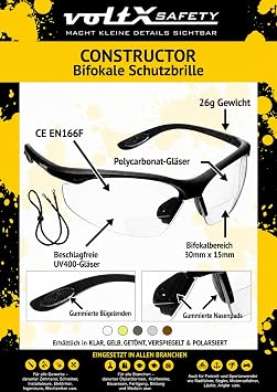 voltX CONSTRUCTOR Bifokale Schutzbrille mit Lesehilfe (KLAR +20 Dioptrie)