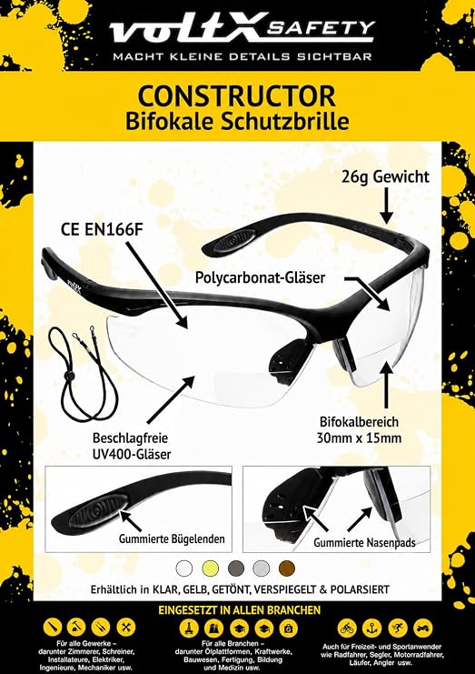 voltX CONSTRUCTOR Bifokale Schutzbrille mit Lesehilfe (KLAR +20 Dioptrie)