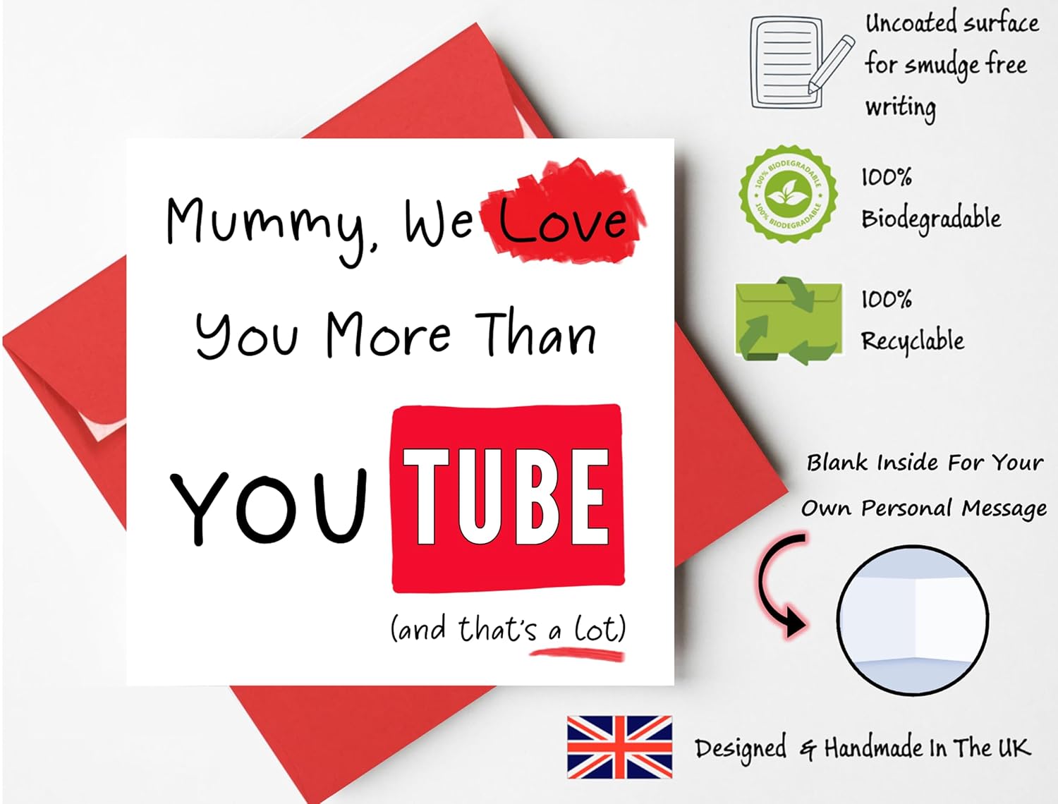 Birthday Card For Mummy – "We Love You More Than Youtube" – From Daughters Sons, Children, Kids, "All Of Us" Happy Birthday Mummy, Mum Bday Gift Cards 150mm x 150mm - View 8