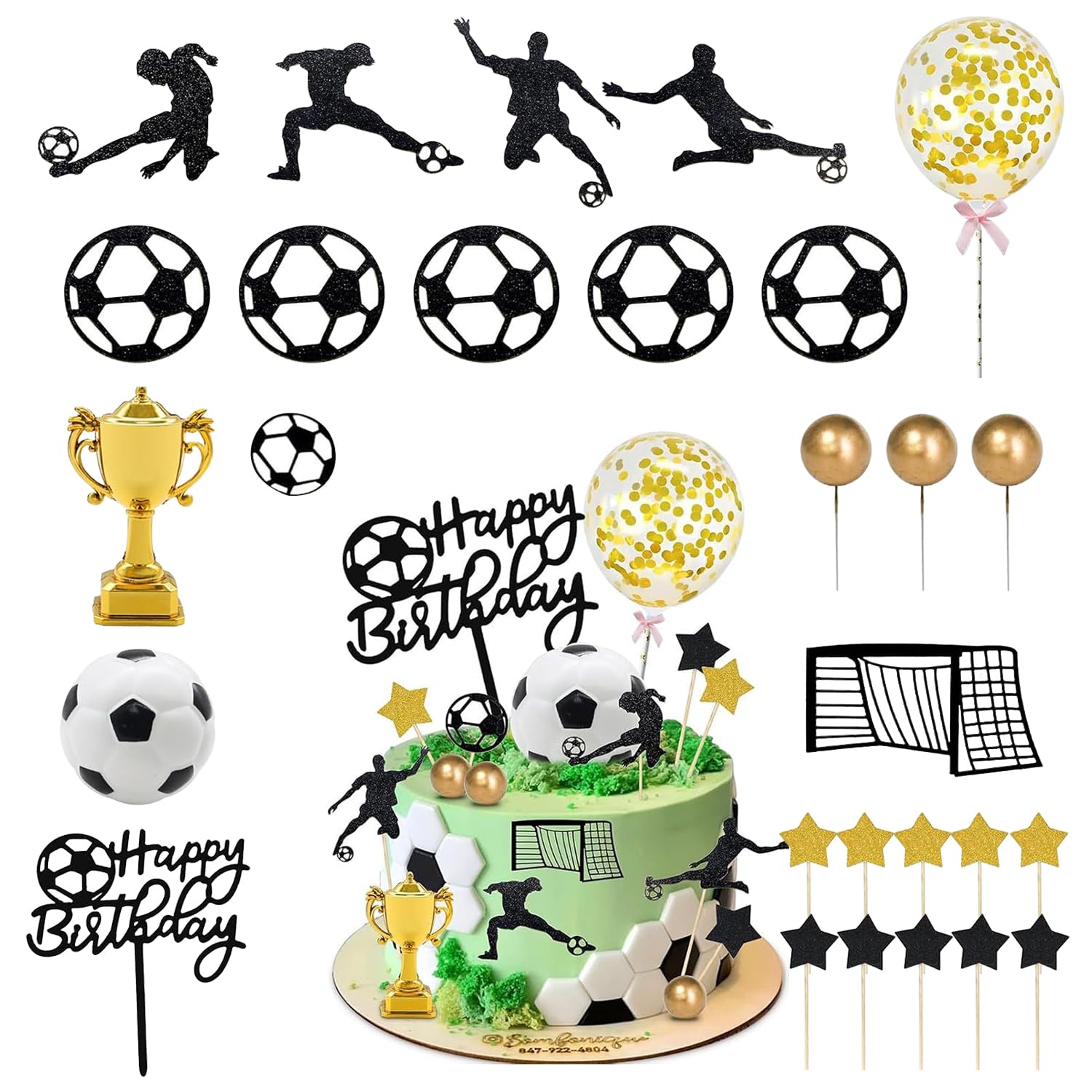 Football Cake Decorations, 28PCS Football Cake Topper Set for Boys Birthday Party, Black Gold Sports Theme Cake and Cupcake Decorations with Happy Birthday Topper, Trophy, Balloon and Player Silhouett