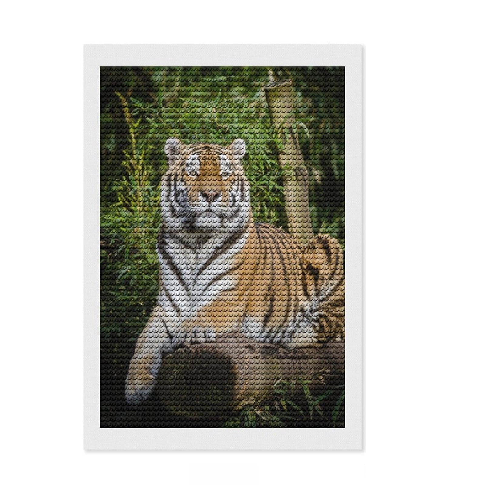Junmoney Tiger Lying on Brown Tree Diamond Painting Set 8"x12", Birthday Gift, for Beginners, Full Kit Included, Vintage Style Decor, with Tool Kit