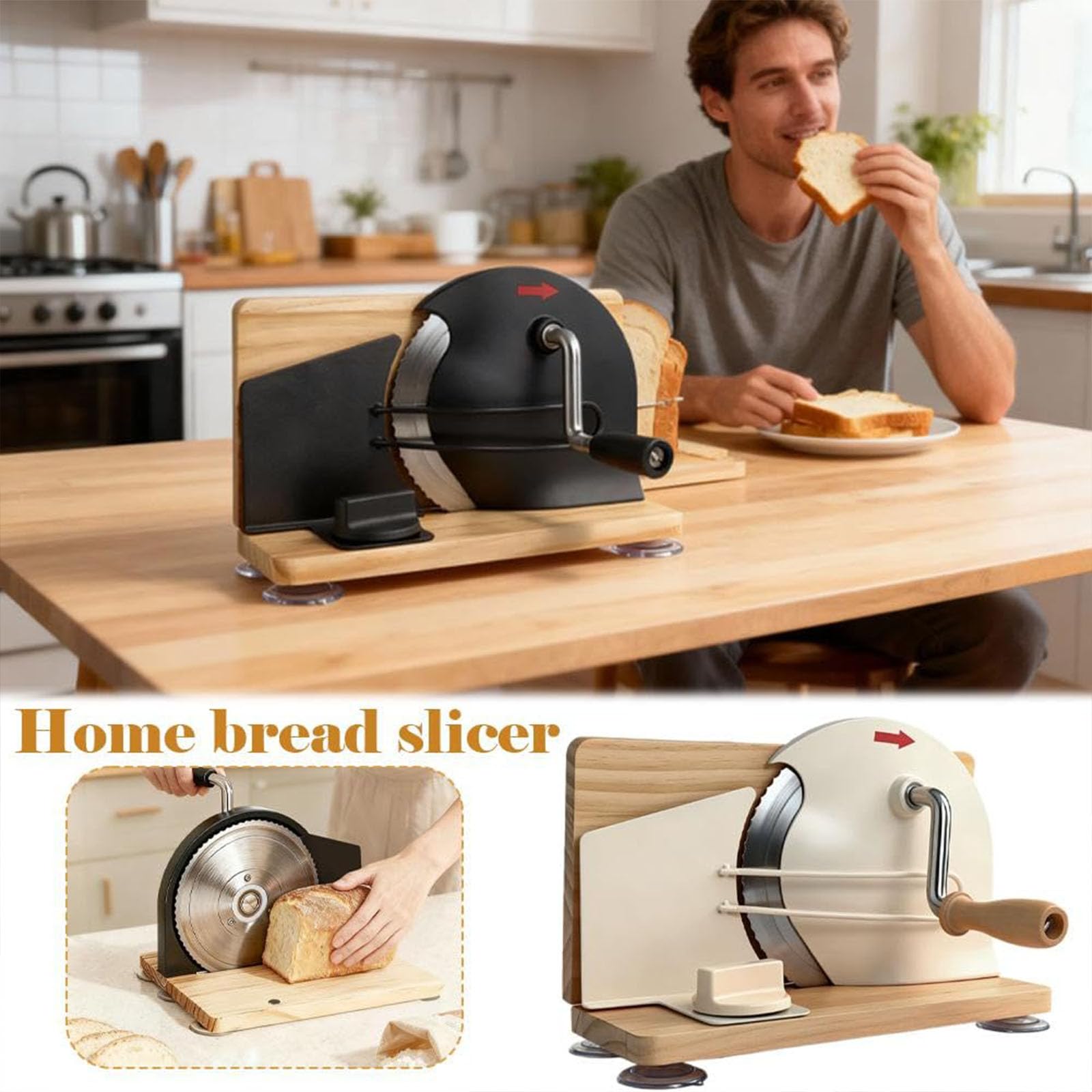 Cortador de pan manual con grosor ajustable, manivela de acero inoxidable, base de madera maciza, ventosas antideslizantes para masa madre, tostadas y pastelería