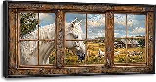 Horse Wall Art, Farmhouse Horses in Window Pictures Wall Decor, Country Rustic Barn Canvas Prints Painting, Large Modern Framed Artwork for Living Room Bedroom Bathroom Office Dining Room 60"x 30"