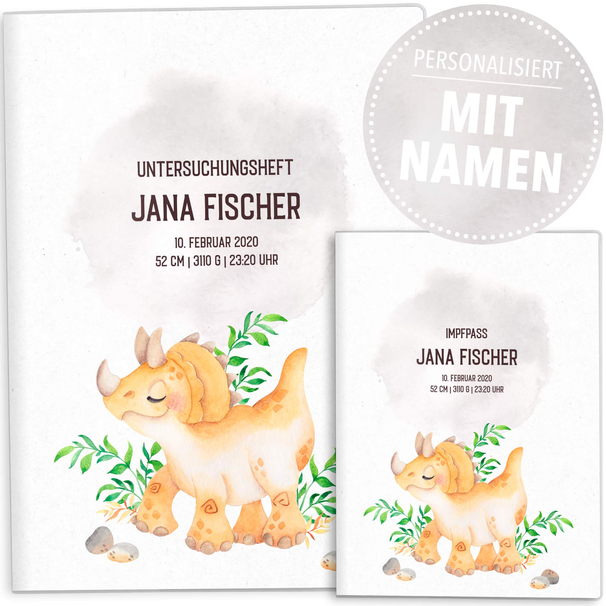 OLGS U-Heft Hüllen Set Dinosaurier Untersuchungsheft Hülle & Impfpasshülle schöne Geschenkidee personalisierbar mit Namen und Geburtsdatum (U-Heft Hüllen Set personalisiert, Triceri)