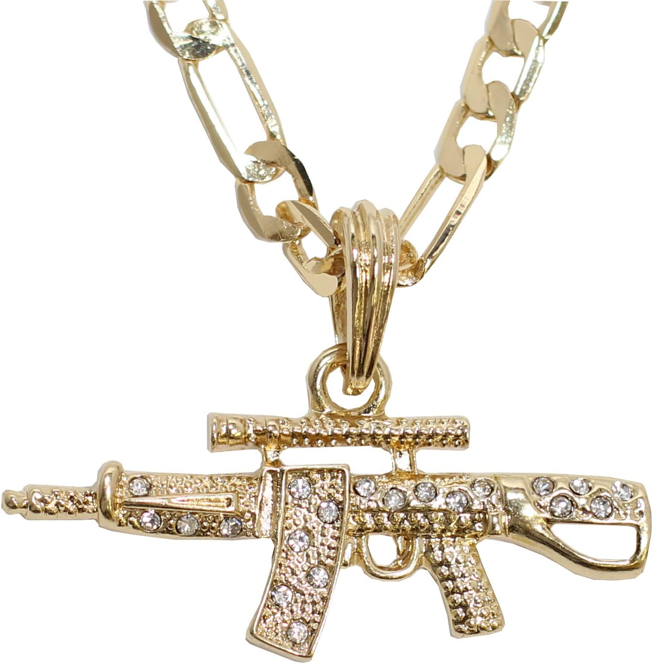 Iced Out AK 47 Gun Pendant with a 24 Inch Figaro Chain Necklace