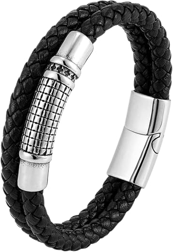 THE MEN THING IRONGRID CURVE - Black 16mm Genuine Leather Bracelet with Stainless Steel Magnetic Buckle for Men &amp; Boys (8 ...