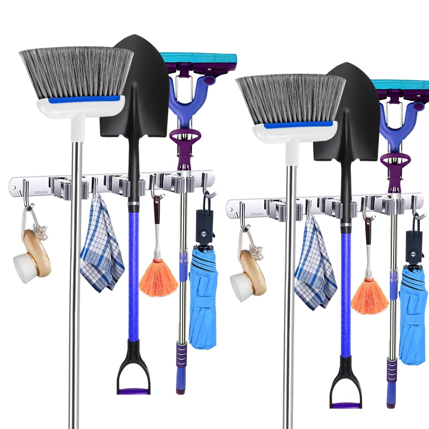 Bosszi 2-Pack Mop Broom Holder Wall Mount, Bosszi SUS 304 Stainless Steel Brushed Garden Tool Storage Tool Rack Storage with 3 Positions and 4 Hooks