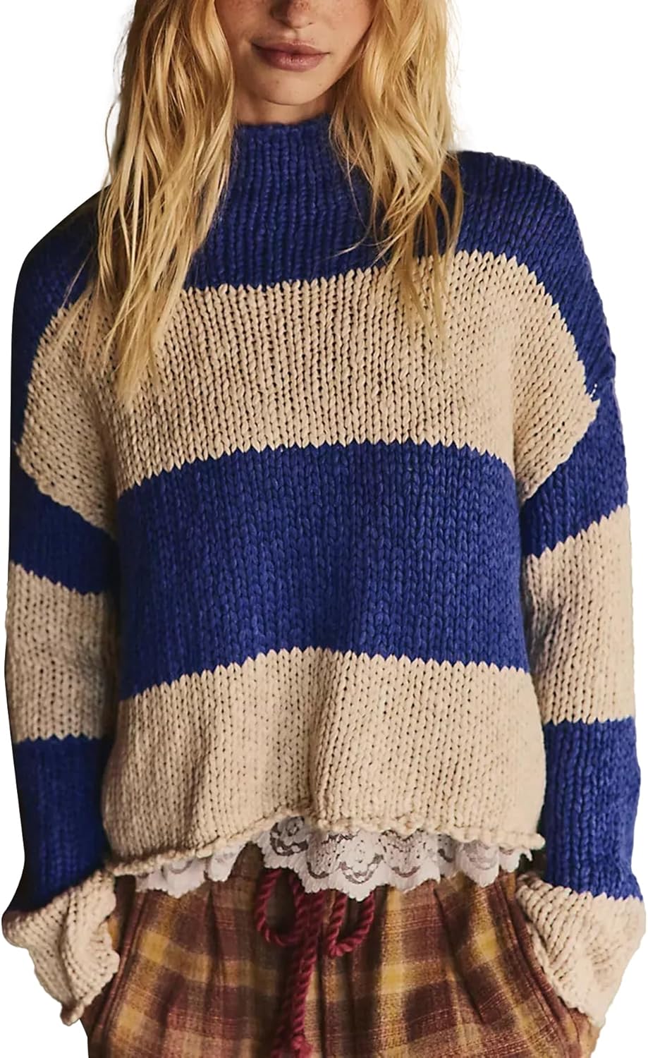 Womens Stripe Sweater Oversized Cropped Long Sleeve Roll Neck Chunky Knit Pullover Tops Casual Spring Fall Outfits