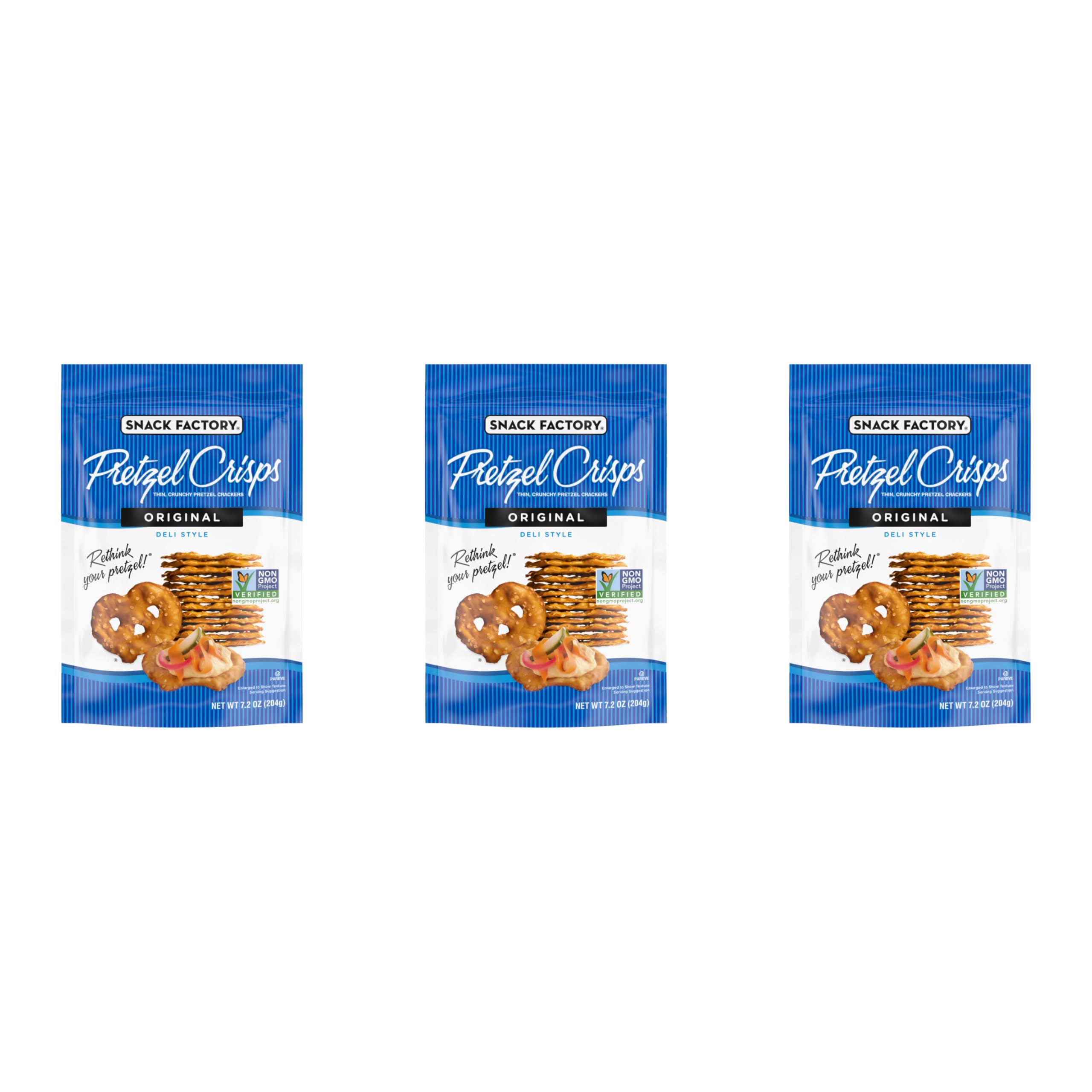 Snack Factory Original Pretzel Crisps, Non-GMO, 7.2 oz Resealable Bag (Pack of 3)