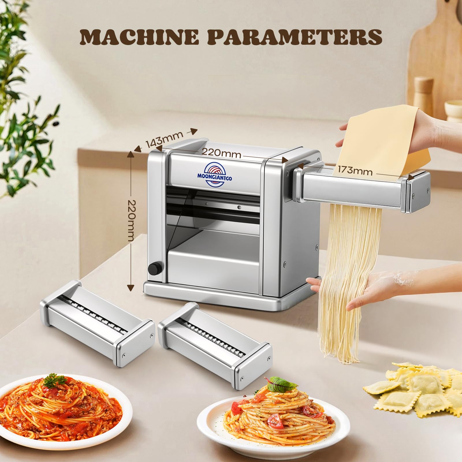 Moongiantgo Machine à Pâte Électrique Laminoir à Pâte Acier Inoxydable avec 3 Lames de 2mm/4mm/6.5mm pour Spaghettis, Fettuccine, Ravioli, Réglage de L'épaisseur à 7 Vitesses pour Domestique (3Lames)