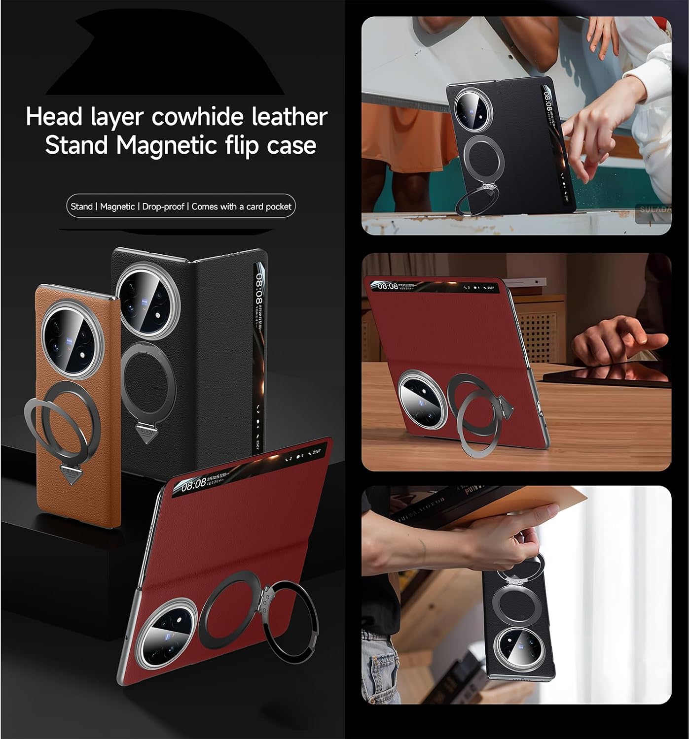 Compatible with Vivo X Fold 5 Case Smart Clear View Case[Compatible with Mag-Safe][with Adjustable Ring Stand] Slim Genuine Leather Wallet Flip Case Protective Shockproof for Women Men(Red)