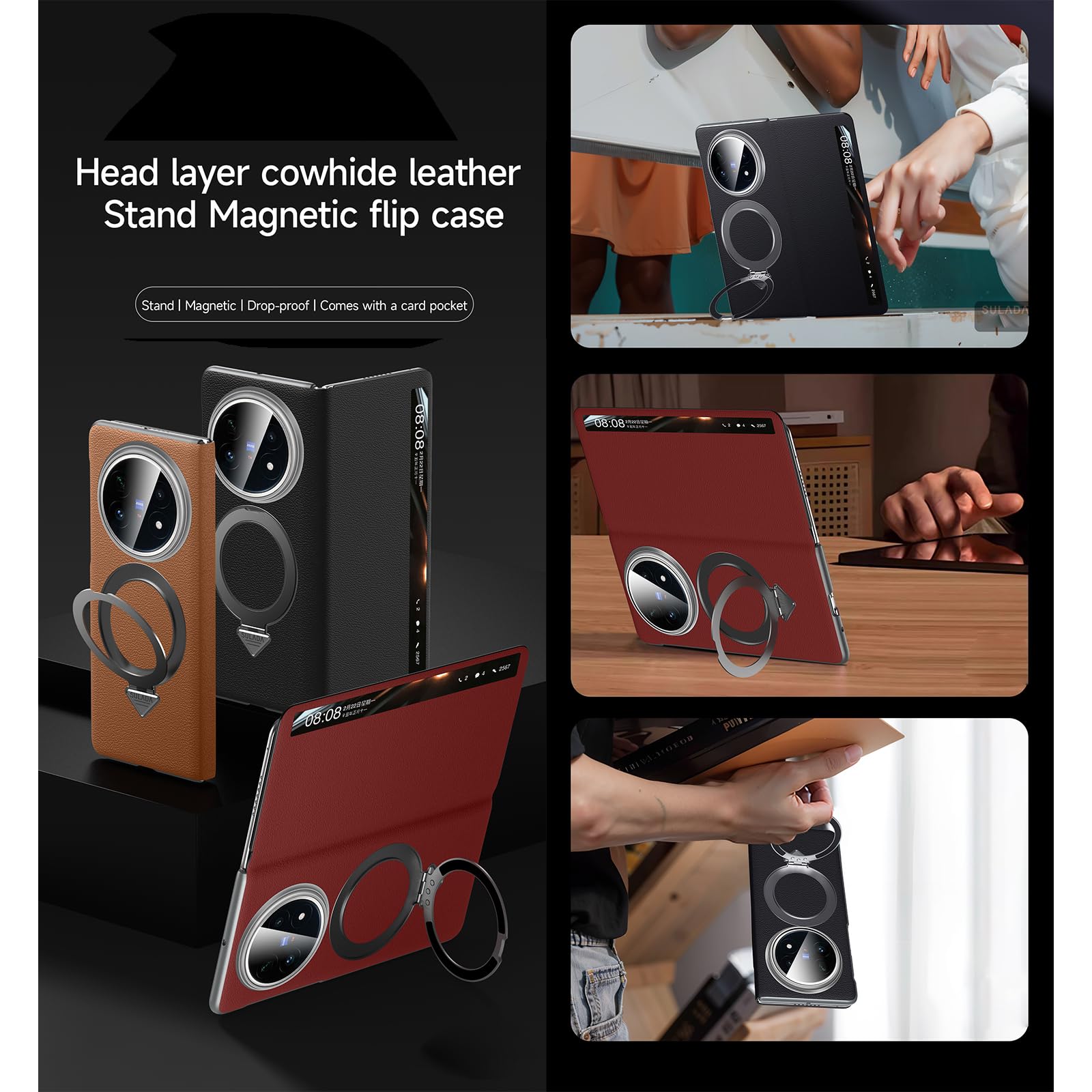 Kompatybilne z Vivo X Fold 5 etui Smart Clear View Case [kompatybilne z Mag-Safe] [z regulowanym stojakiem pierścieniowym] smukłe etui z klapką z prawdziwej skóry, ochronne, odporne na wstrząsy, dla