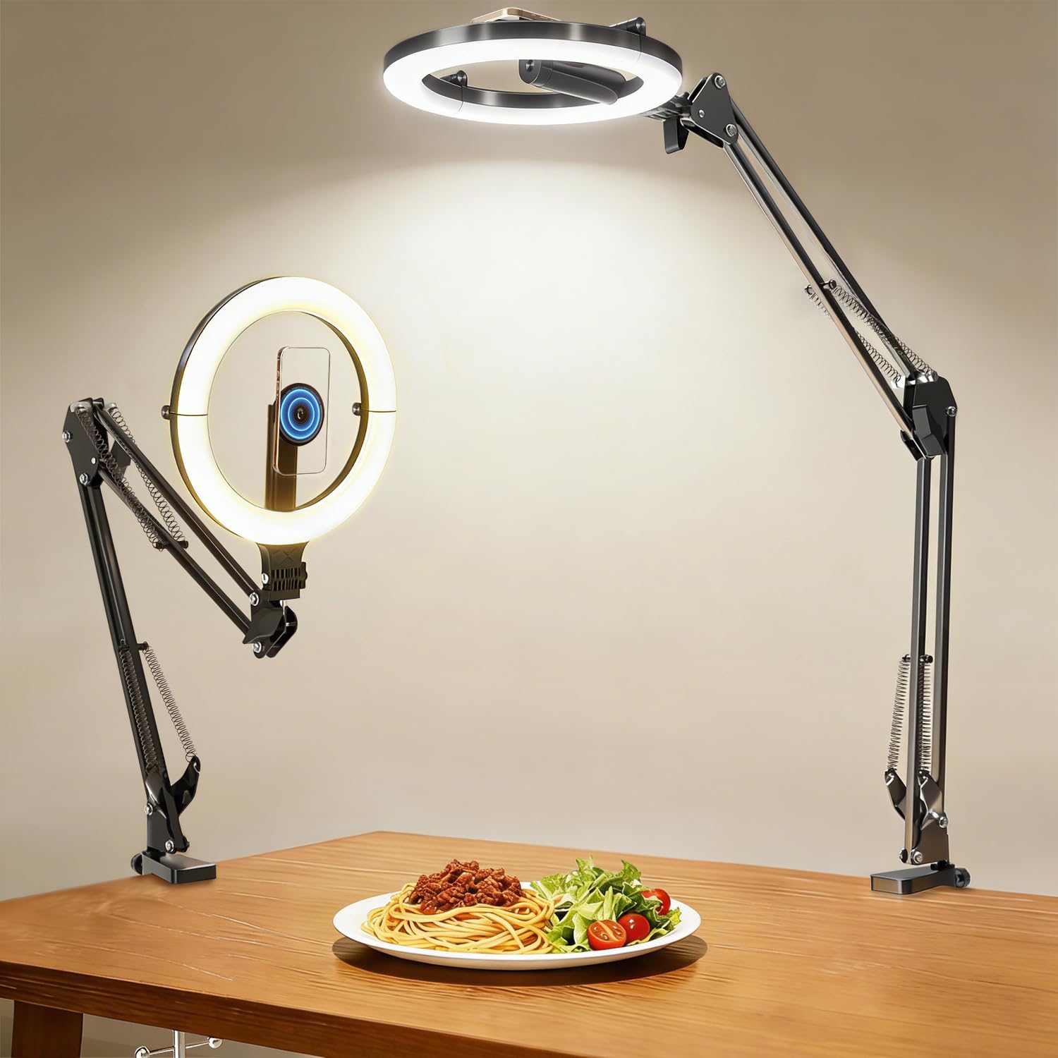 Magnetic Overhead Phone Mount with 10” Ring Light, 5000mAh Flexible Articulating Circle Lamp Table Tripod, iPhone Stand for Video Recording Cooking Nail, Zoom Meeting, Live Streaming Tiktok