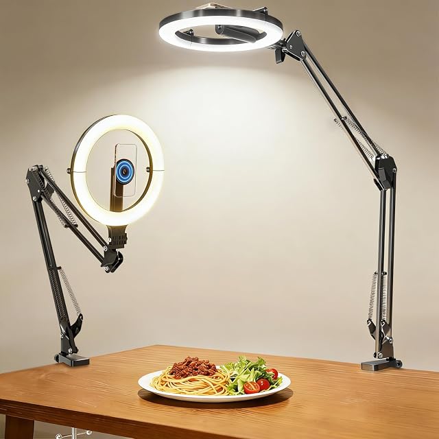 Magnetic Ring Light with Phone Holder for Desk Overhead Camera Mount, Flexible Articulating 5000mAh Circle Lamp Table Tripod, iPhone Stand for Video Recording Cooking Nail, Live Streaming Tiktok