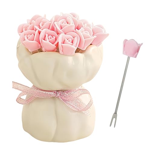 Rose Fruit Forks Set with Ceramic Holder,12 PCS Small Stainless