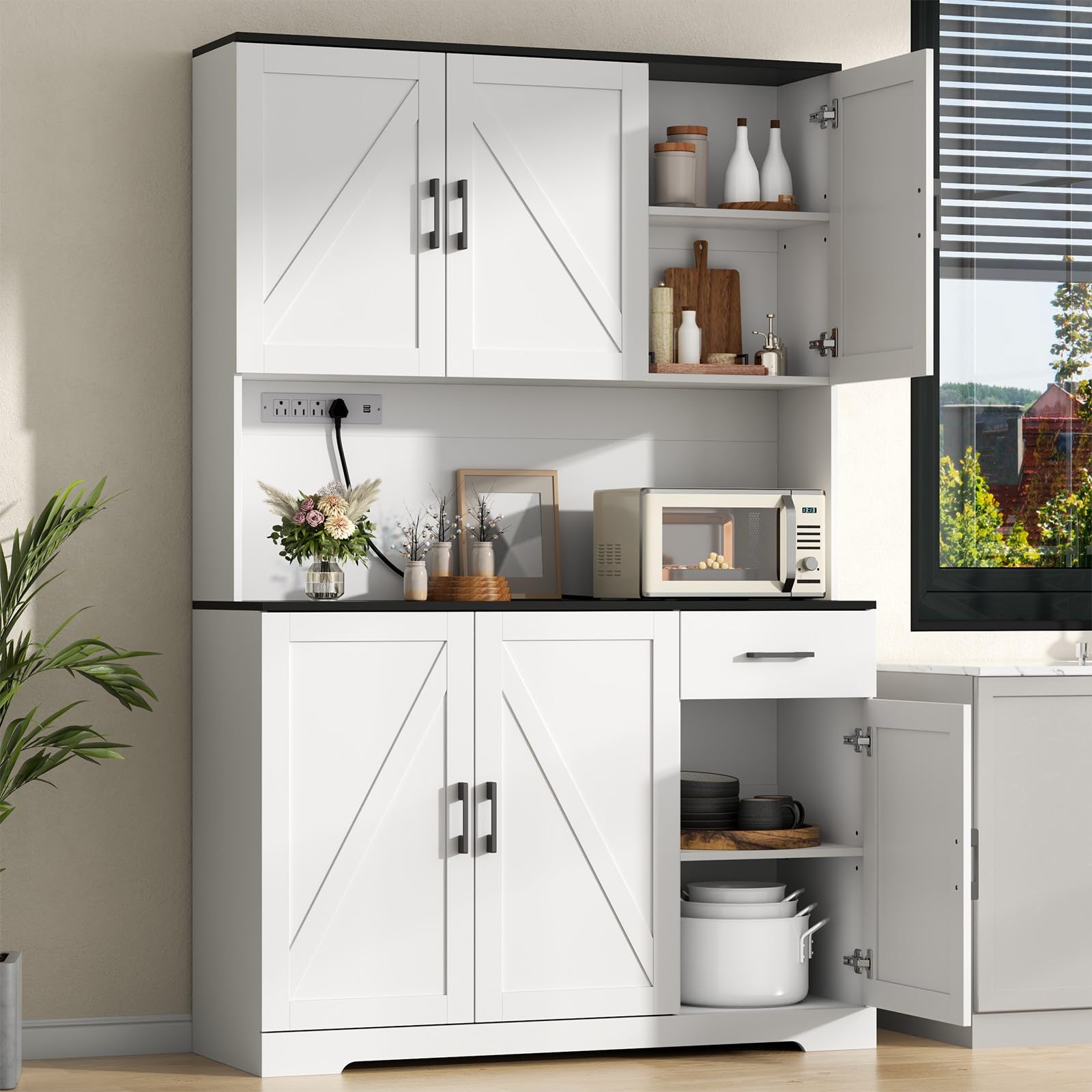 Gyfimoie 71’’ Farmhouse Kitchen Pantry Cabinet, Tall Storage Cabinet with Power Outlet, Freestanding Hutch with Drawer, 4 Adjustable Shelf & 6 Doors