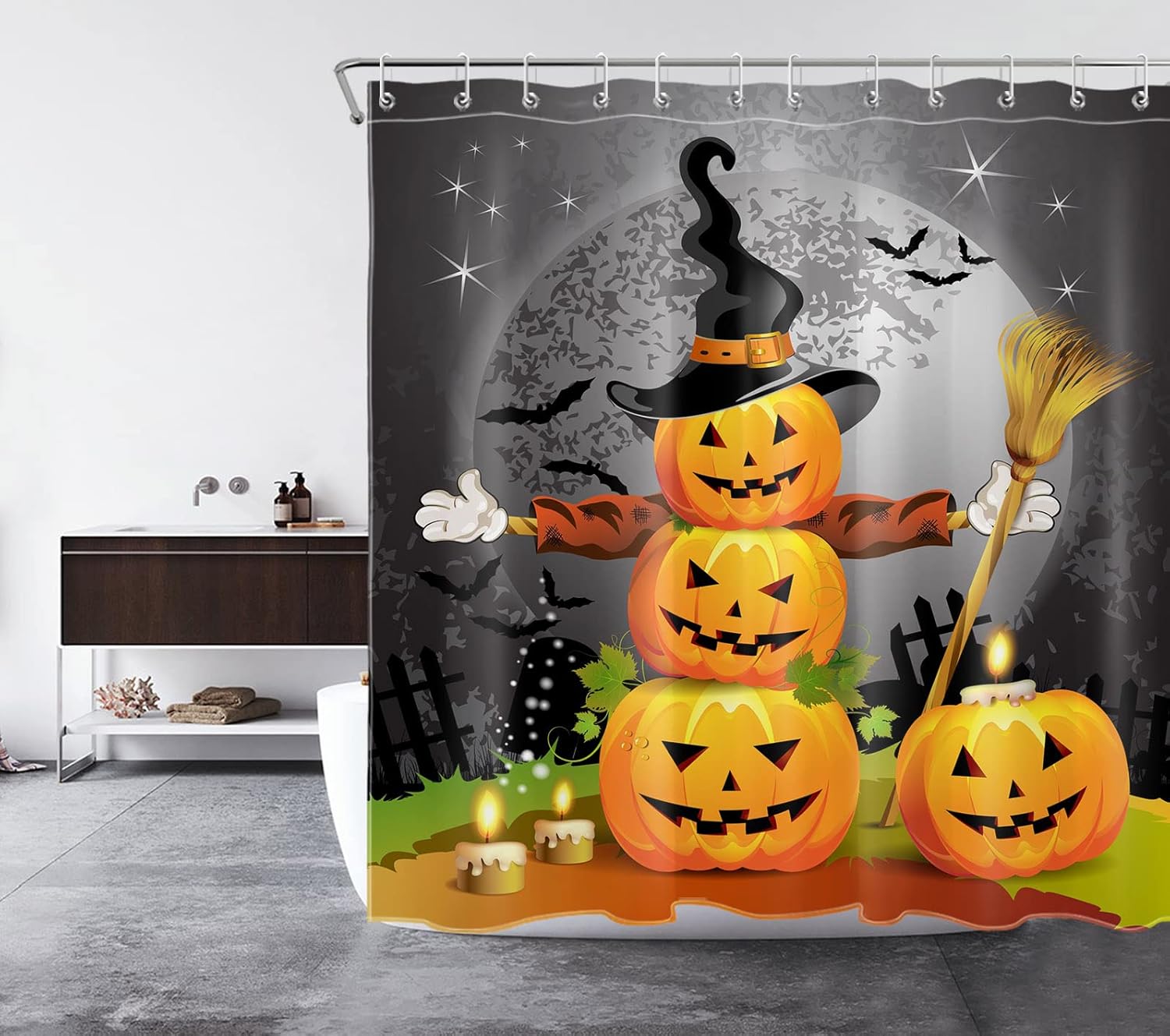 LB Halloween Pumpkin Shower Curtains for Bathroom Witch Hat Broom Decor Hallowmas Shower Curtain with Hooks 72x78 inch Extra Long Polyester Fabric Waterproof