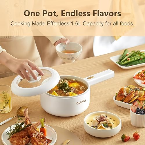 Miniatura 2 de Olega Olla eléctrica de 1.6L, antiadherente, mini olla eléctrica para ramen, sartén portátil para ramen, huevos, sopa, olla caliente, avena