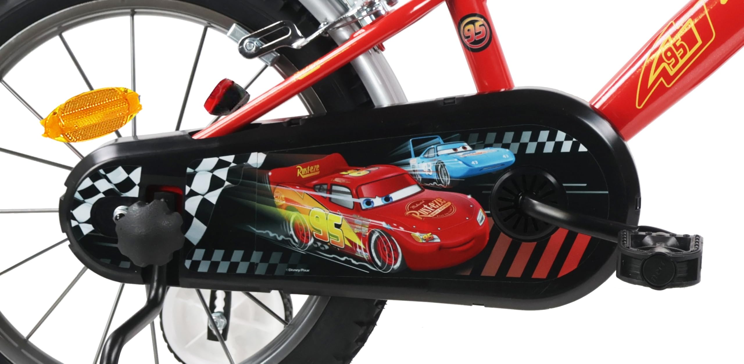 Vélo 16'' garçon Cars de Disney équipé de 2 Freins, Plaque Avant décorative, bidon arrière et stabilisateurs.