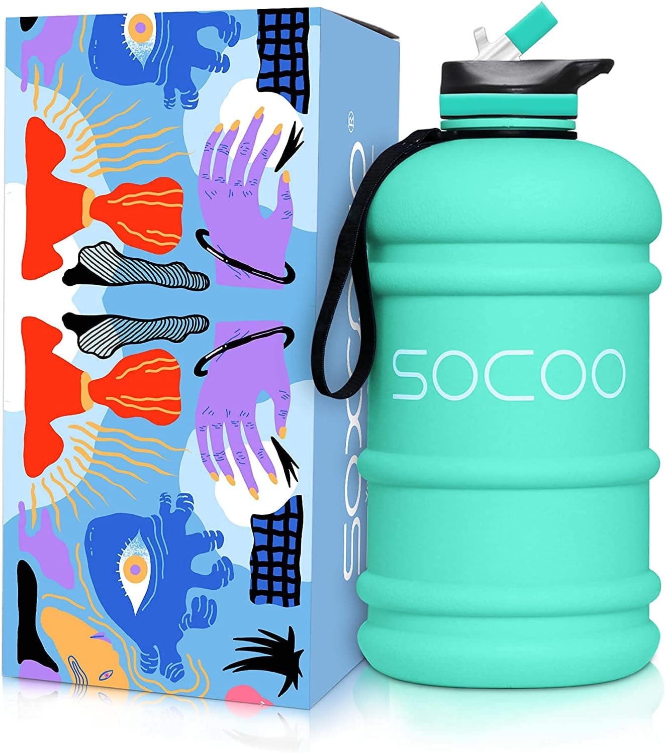 SOXCOXO Half Gallon 64oz Water Bottle With Straw Lid Strap and Holder Bpa free Leakproof Great For Kids Woman Man Large Water Jug For School Sports Gym Running Fitness Outdoor(Mint)