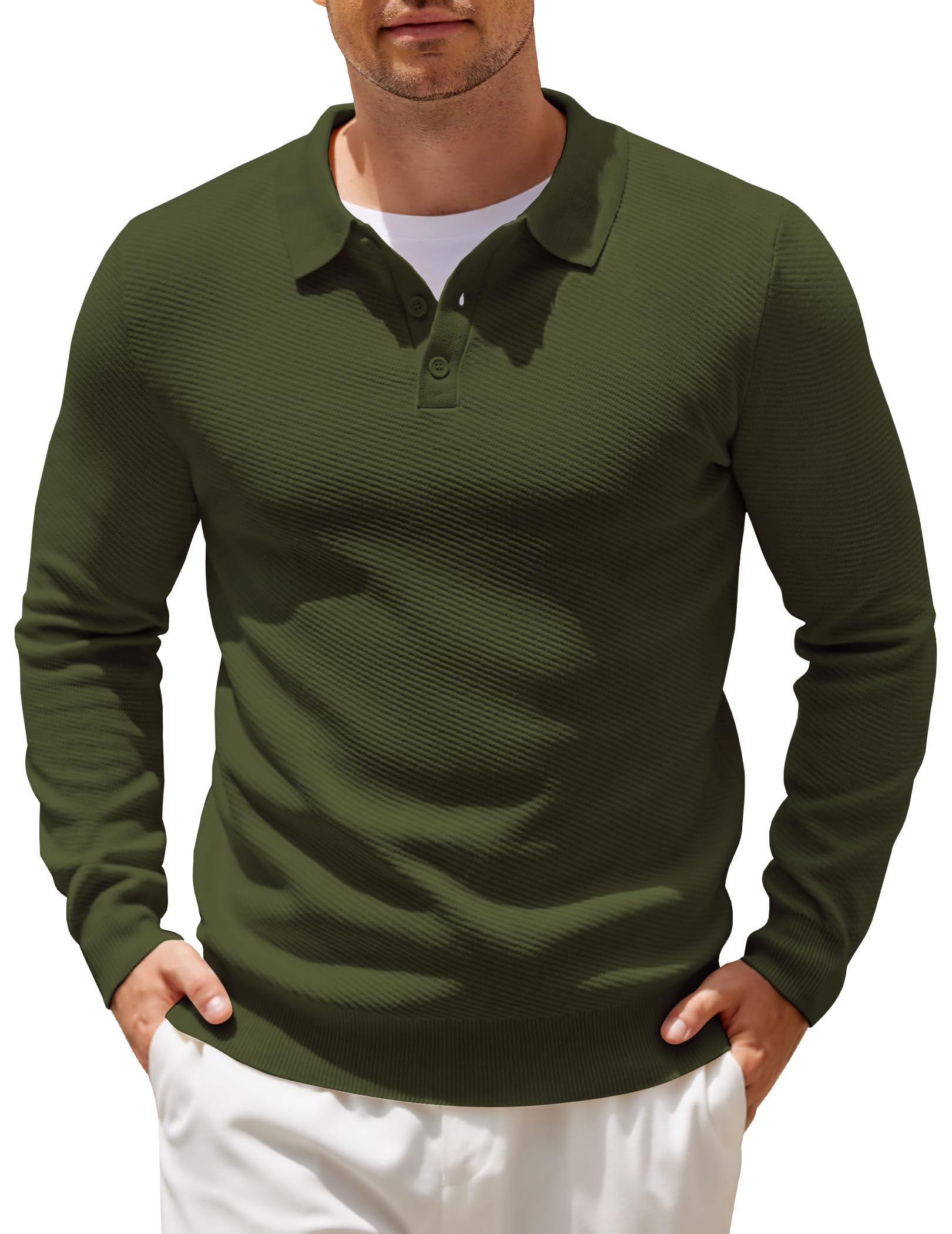 Men's Knit Polo Shirts Casual Long Sleeve Collared Pullover Sweaters Quarter Button Ribbed Vintage Polo Sweater