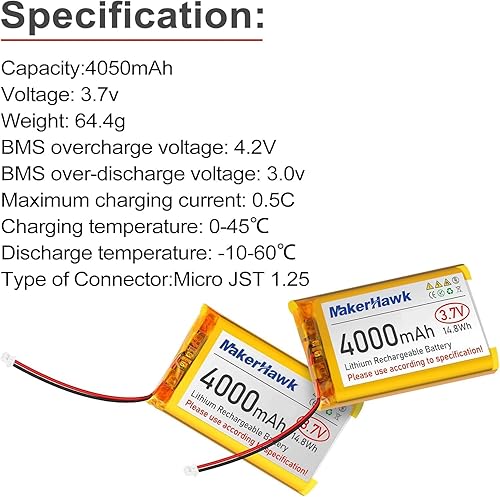 Vista 3 de MakerHawk Batería LiPo de 3.7V 4000mAh recargable 1S 3C Batería de polímero de litio con placa de protección cinta de goma aislada, enchufe micro