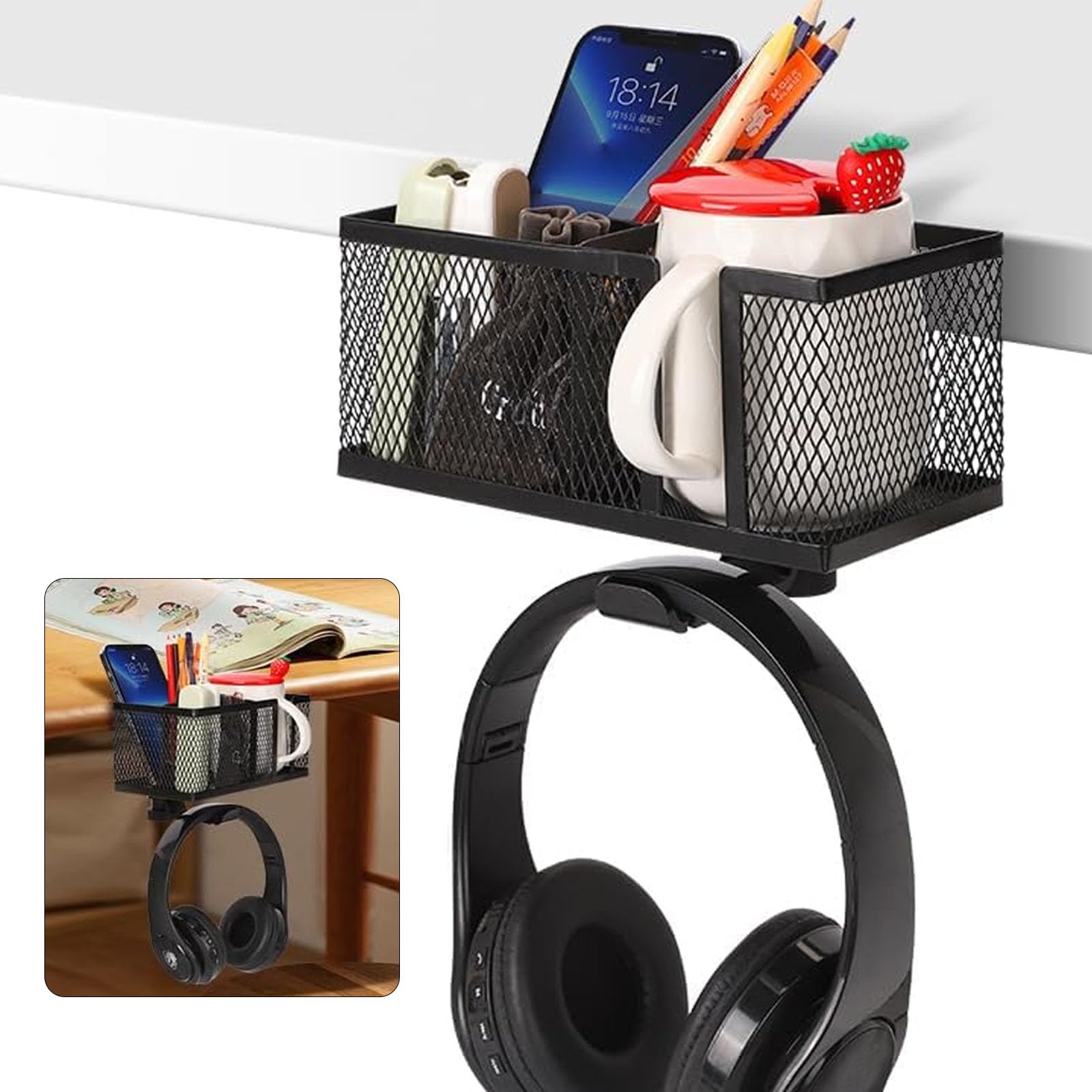 Supporto 4 in 1 per Tazze da scrivania con Cuffie sotto la scrivania Supporto per Cuffie Girevole Supporto per Cuffie Rimovibile Tazza Organizer per Penne Tazza per Telefono cellul