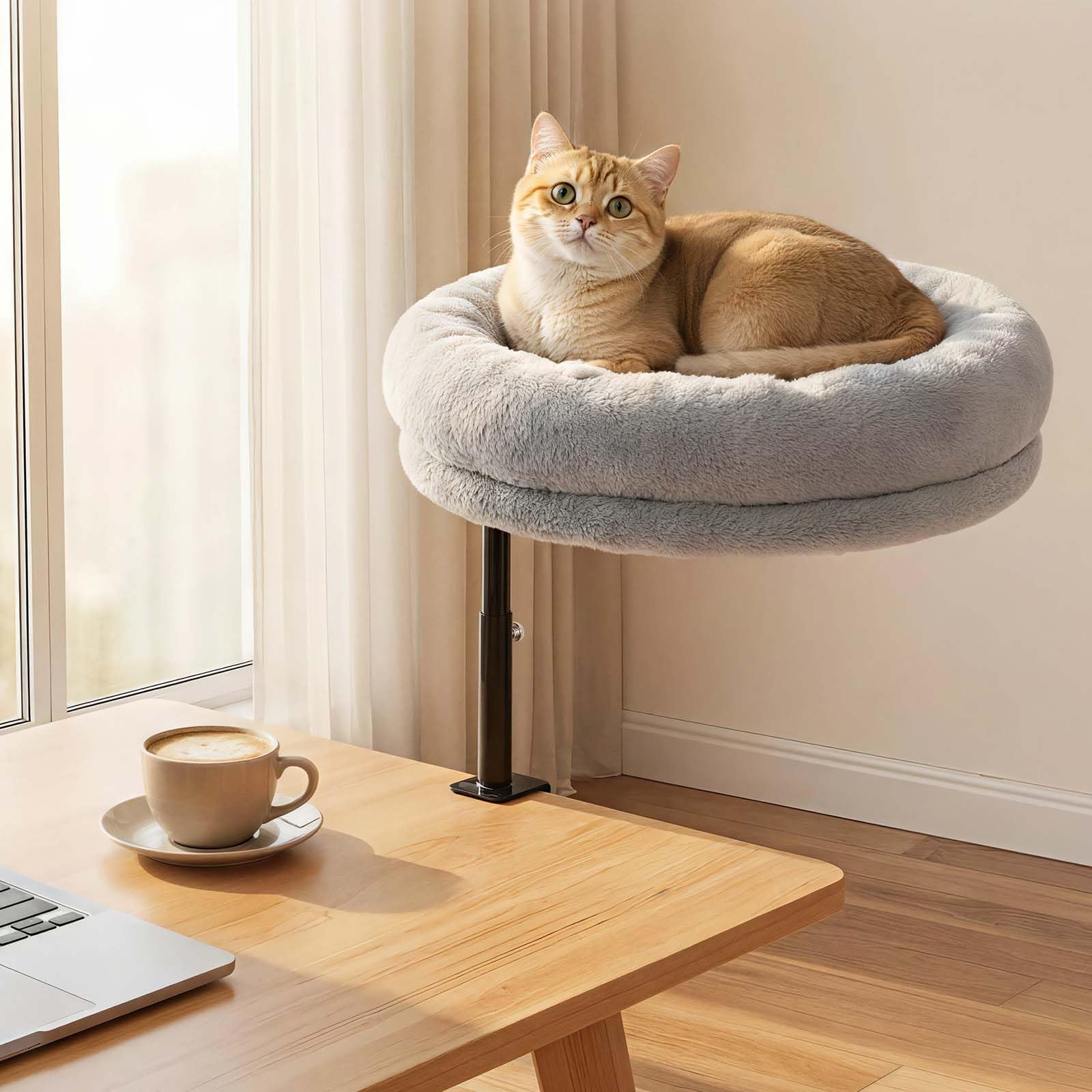 GUUSII HOME Katzenbett Schreibtisch 360° Drehbar & Höhenverstellbar Katzenliege Liegeplatz Katzen Bett Hängematte Tisch Für Homeoffice 43cm Durchmesser Bis 18kg Einfache Montage Waschmaschine（Grau）