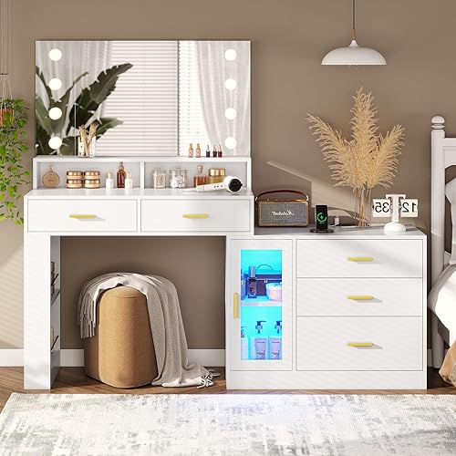 Miniatura 7 de AOGLLATI Escritorio de tocador de maquillaje con espejo y luces y estación de carga, mesa de tocador blanca con cómoda LED de 3 cajones, escritorio