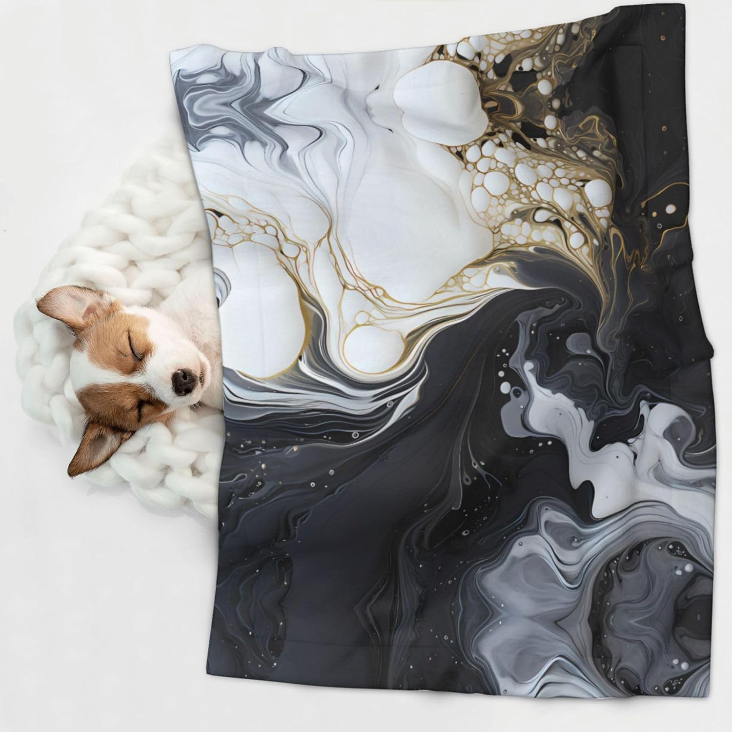 Black and White marbling Large Printed pet Blanket - Suitable for pet kennels/Dog beds/cat Baskets