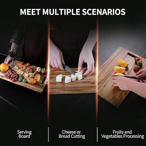 Miniatura 9 de YSTKC Tabla de cortar de madera de acacia con agarre de mano de 15 x 9.5 pulgadas, tabla de cortar reversible de madera con asa para servir