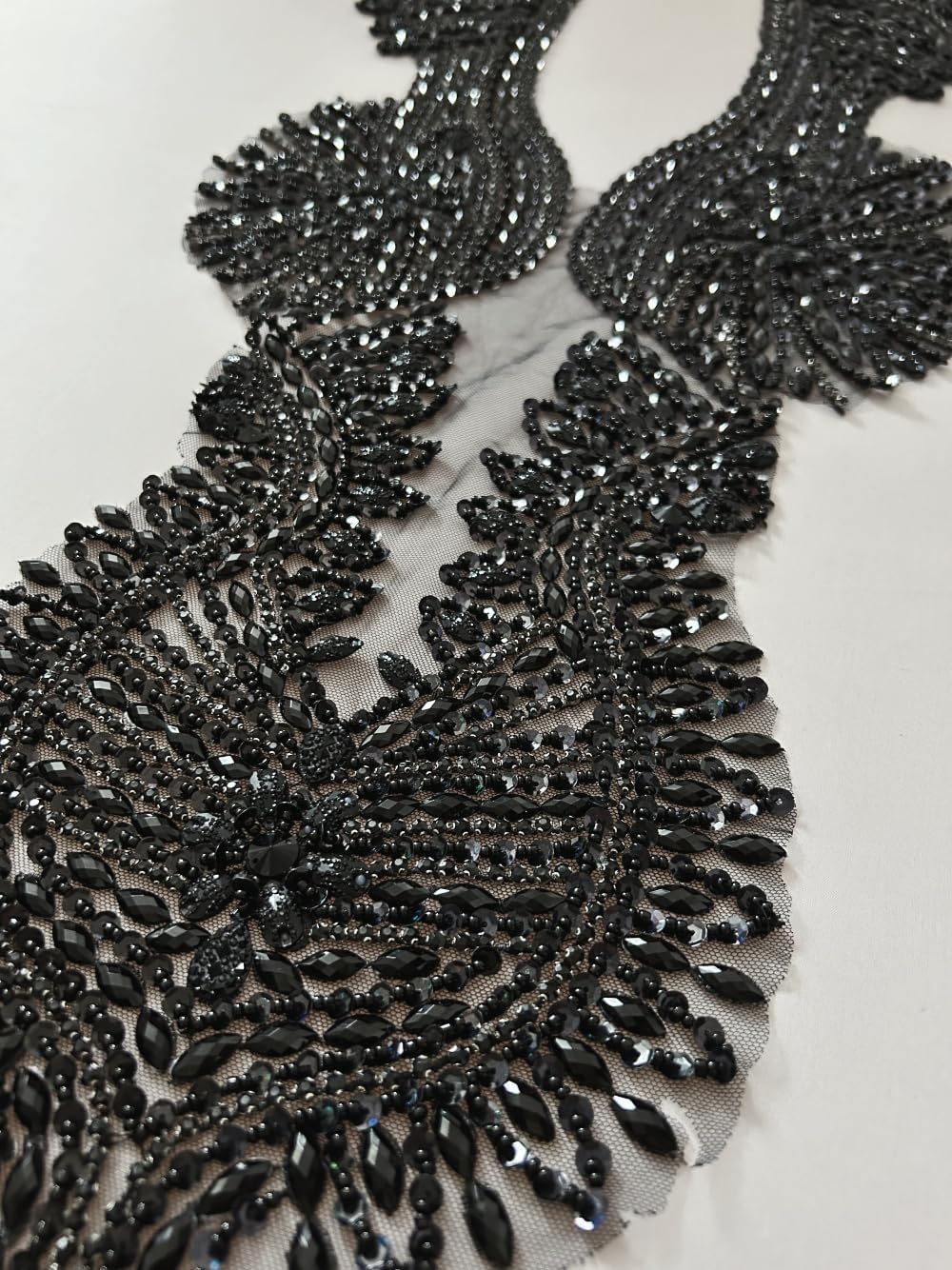 New Handmade Rhinestones Sequins Applique mesh Beaded Crystals Trim Patches for Accessory Wedding Gown Decoration 15x25Inch (Black)