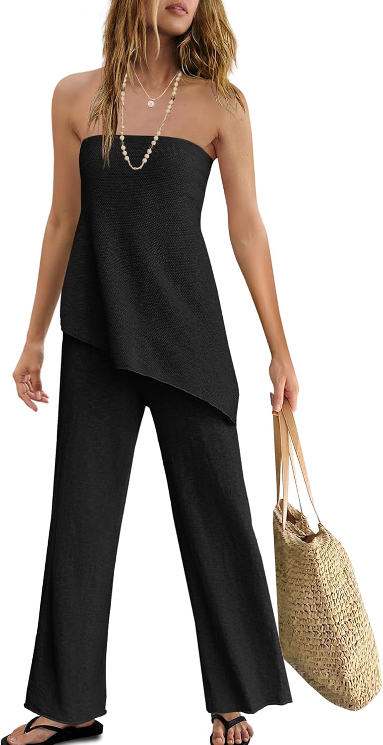 Panadila Womens Off Shoulder Sweater Set 2 Piece Outfits Summer Vacation Knit Matching Lounge Set Tube Top and Pants Set - Image 2