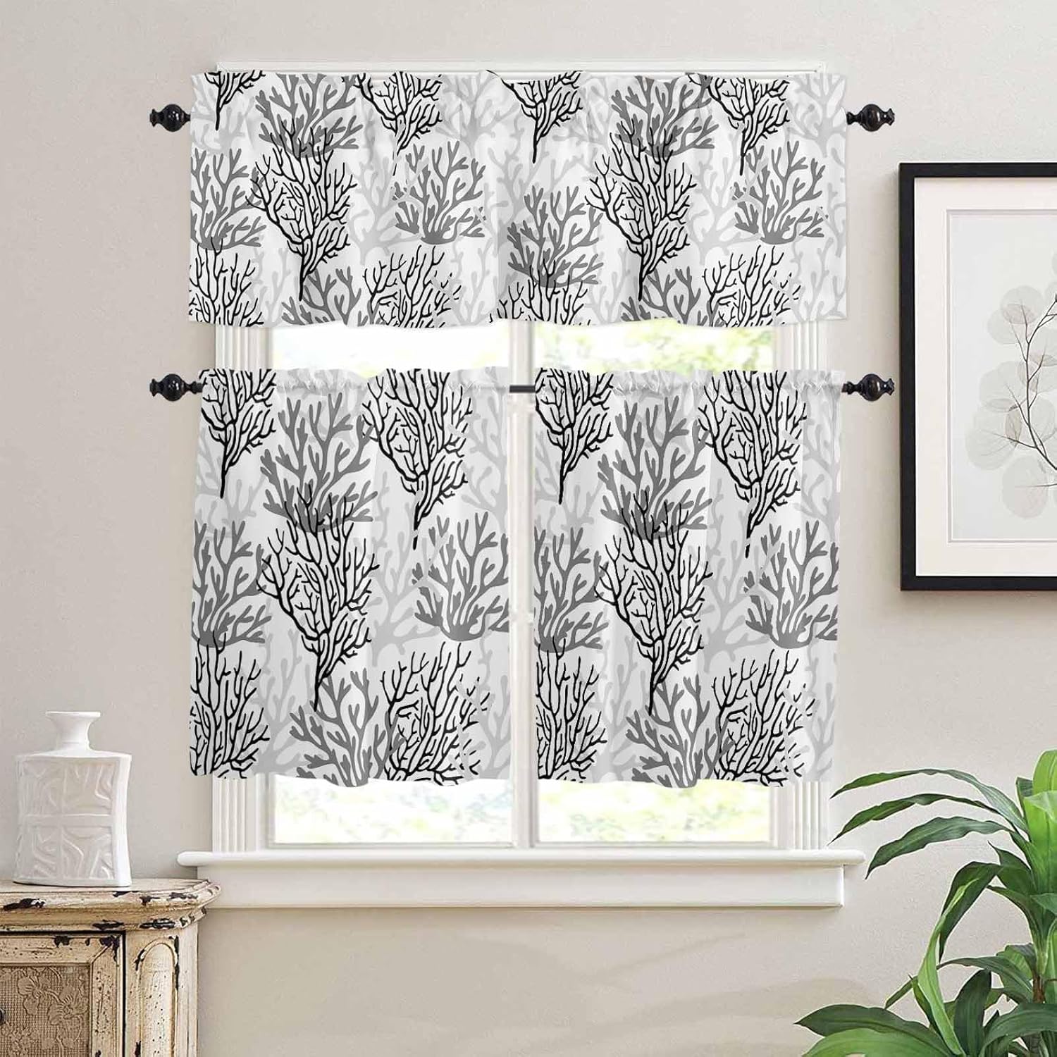 Chef Kitchen Curtains Valance and Tier Set, Gnomes Rod Pocket Tier 36 Inch Length, Black White Buffalo Plaid Small Window Treatment Panel Drape for Sink, (54" x 18"+55" x 36")