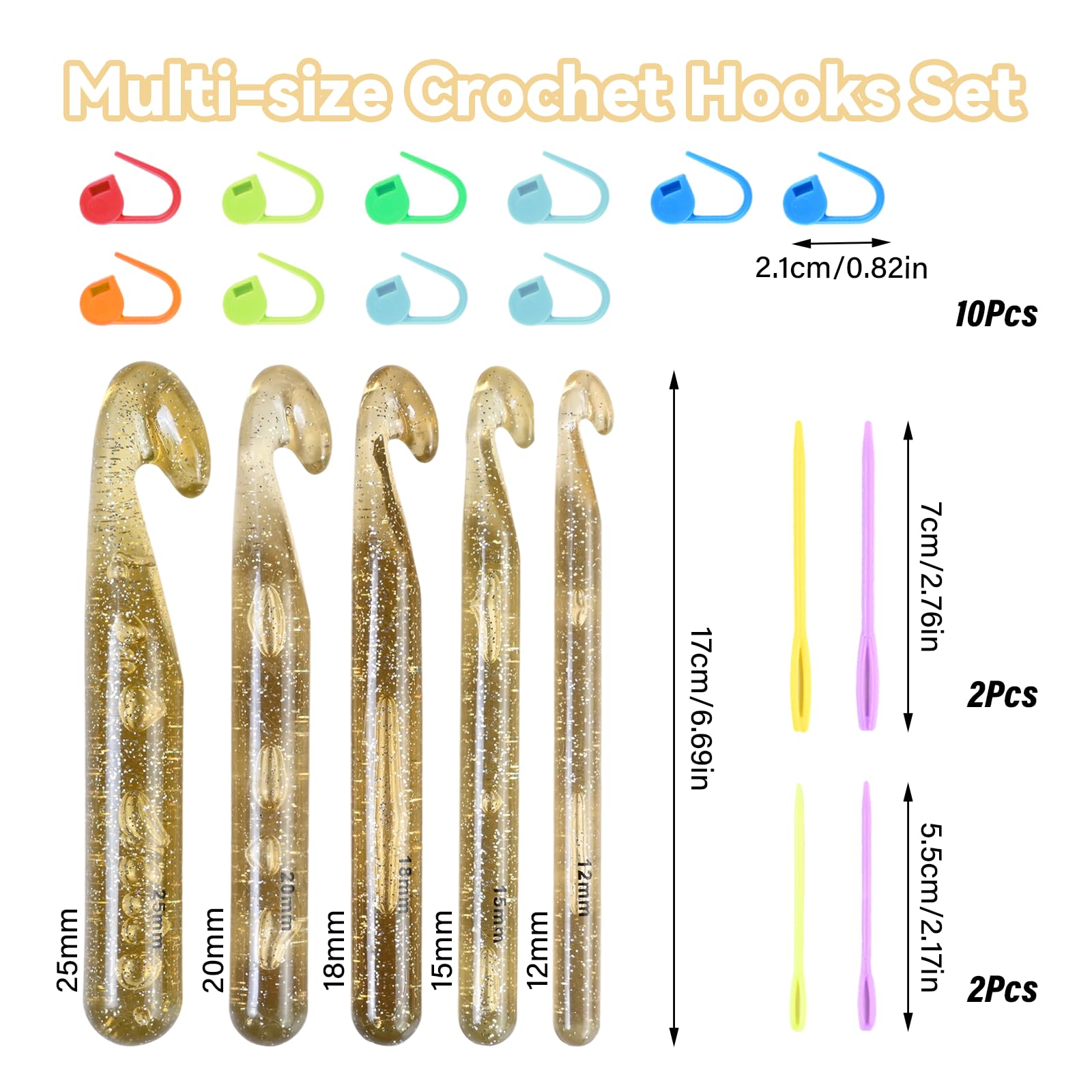Uncinetto Set, 5 Pezzi Uncinetti Grandi 12/15/18/20/25 mm con Segnapunti e Aghi, Set Uncinetti Ergonomici per Filati Spessi, Ideale per Coperte, Sciarpe, Cappelli