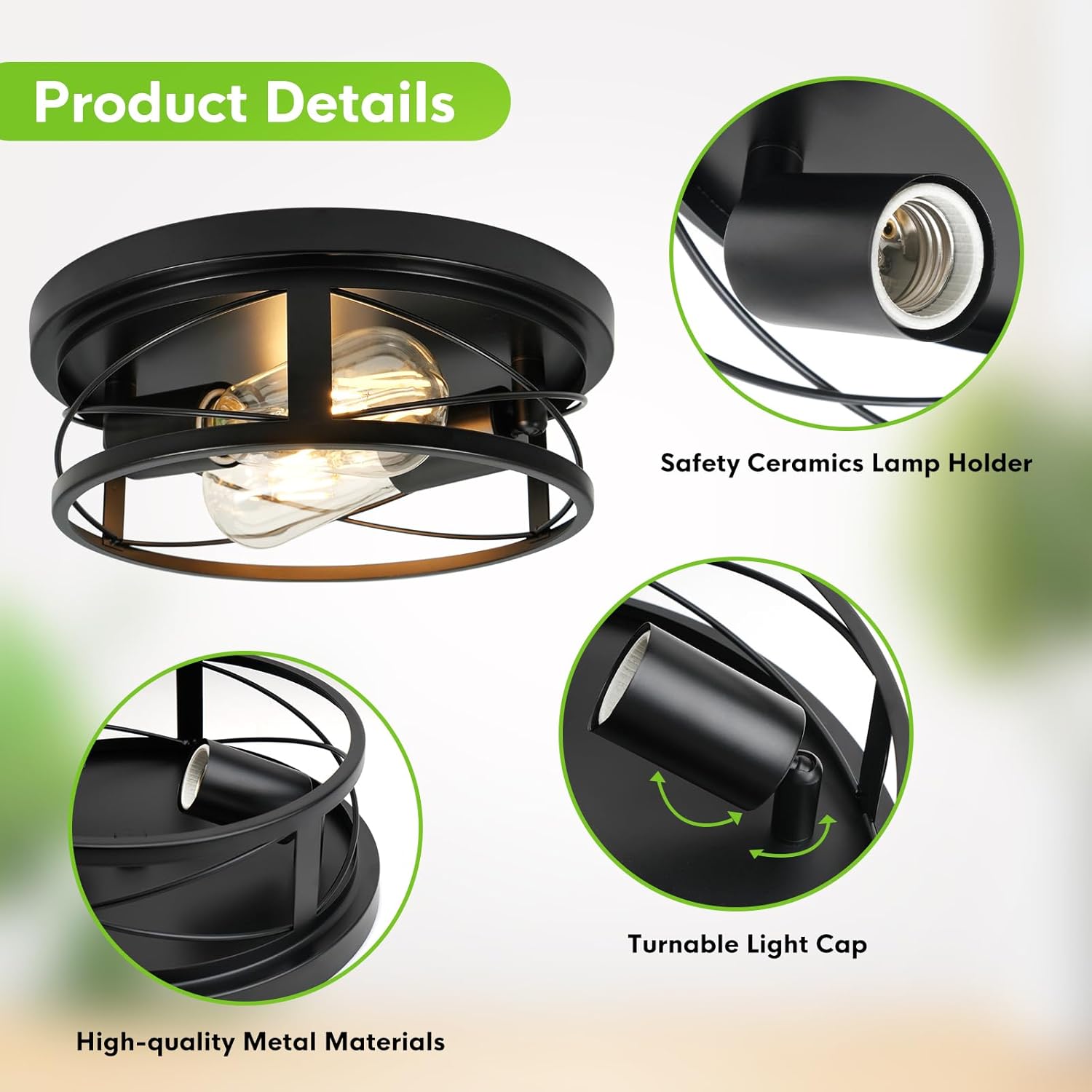 2 Pack Farmhouse Ceiling Light - Dimmable Rustic Black Flush Mount E26(not incude Bulb) Industrial Ceiling Modern Led Light for Hallway Bathroom Kitchen Bedroom (Black, 10 Inch)