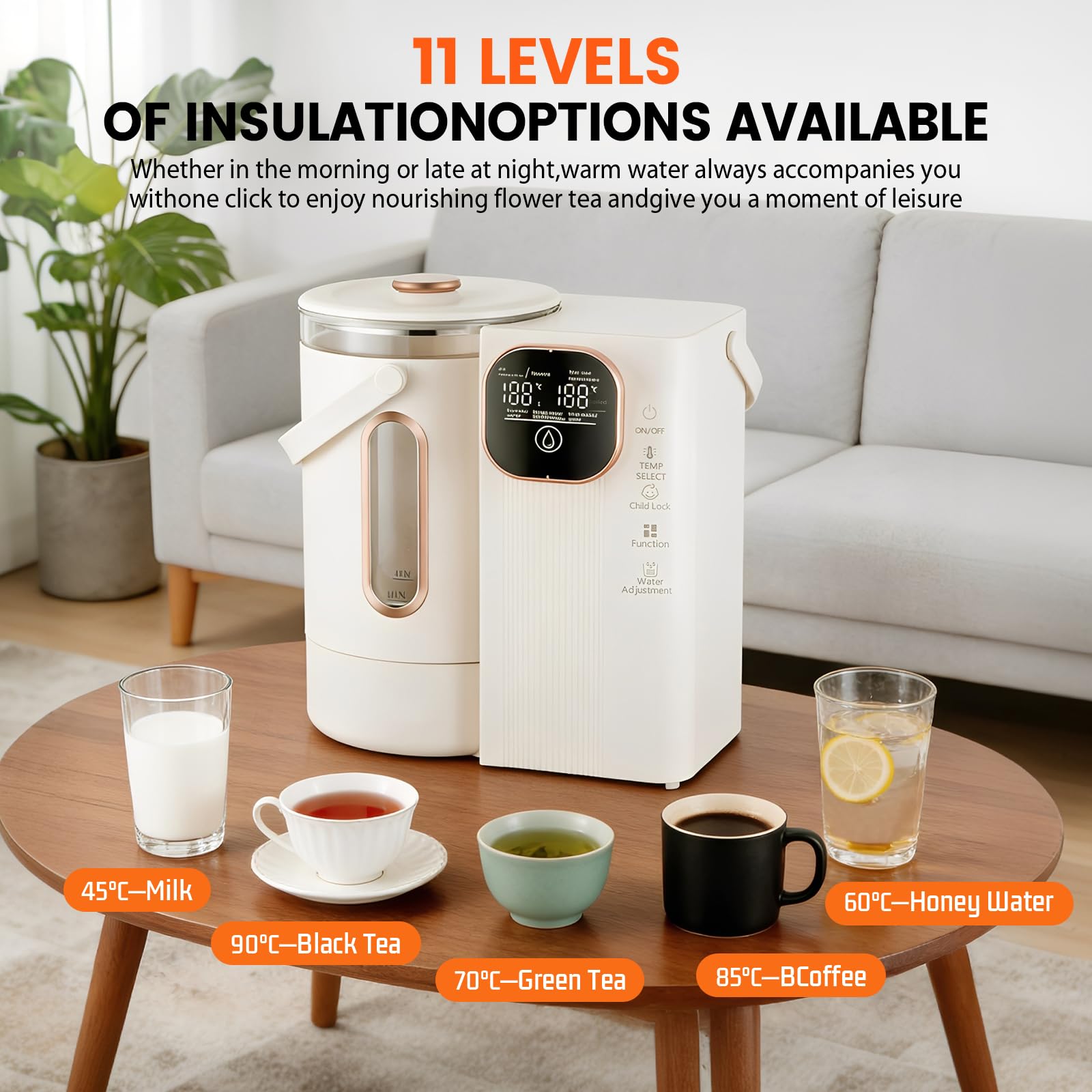 Distributeur d'eau Chaude Instantanée 3L, Chaudière À Eau De Comptoir portable avec LED, Réglage de la Température 45-95°C, chauffage rapide 3S pour Maison bureau camping hôtel