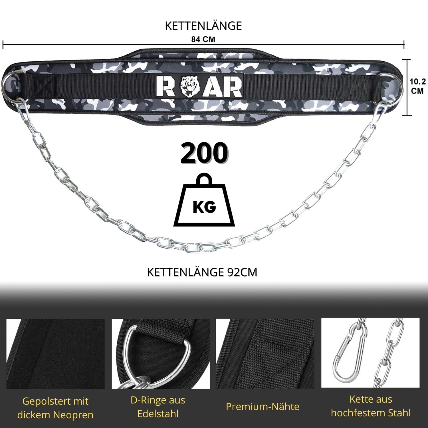 Roar® Gym Belt Men, Gym Gürtel, Gürtel Gewichtheben, Gewicht Gürtel Mit Kette, Dip Belt, Gürtel Fitness Herren, Gewichthebergürtel Herren, Krafttraining Zubehör, Belt Gym