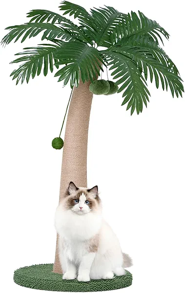 TSCOMON 43 Inches Tall Cat Scratching Post for Large Cat, Coconut Tree Shaped Sisal Scratcher for Indoor Cat with 3 Pompoms