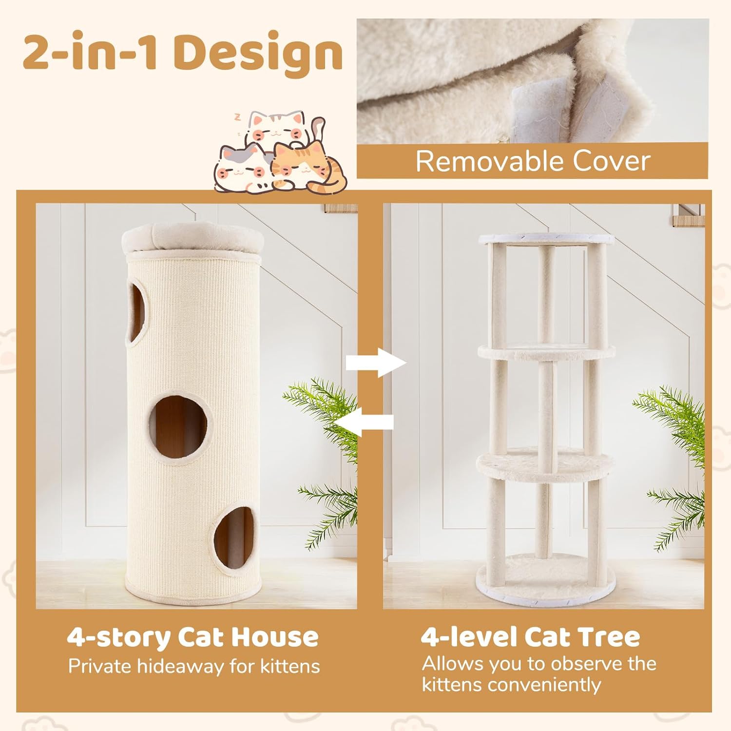 PETSITE 4-Story Cat Tree Condo, 49 Inch Multi-Level Barrel-Shaped Cat House with Sisal Scratching Pad, 3 Hideaways, Removable Soft Top Plush Bed, Ideal for Indoor Cats