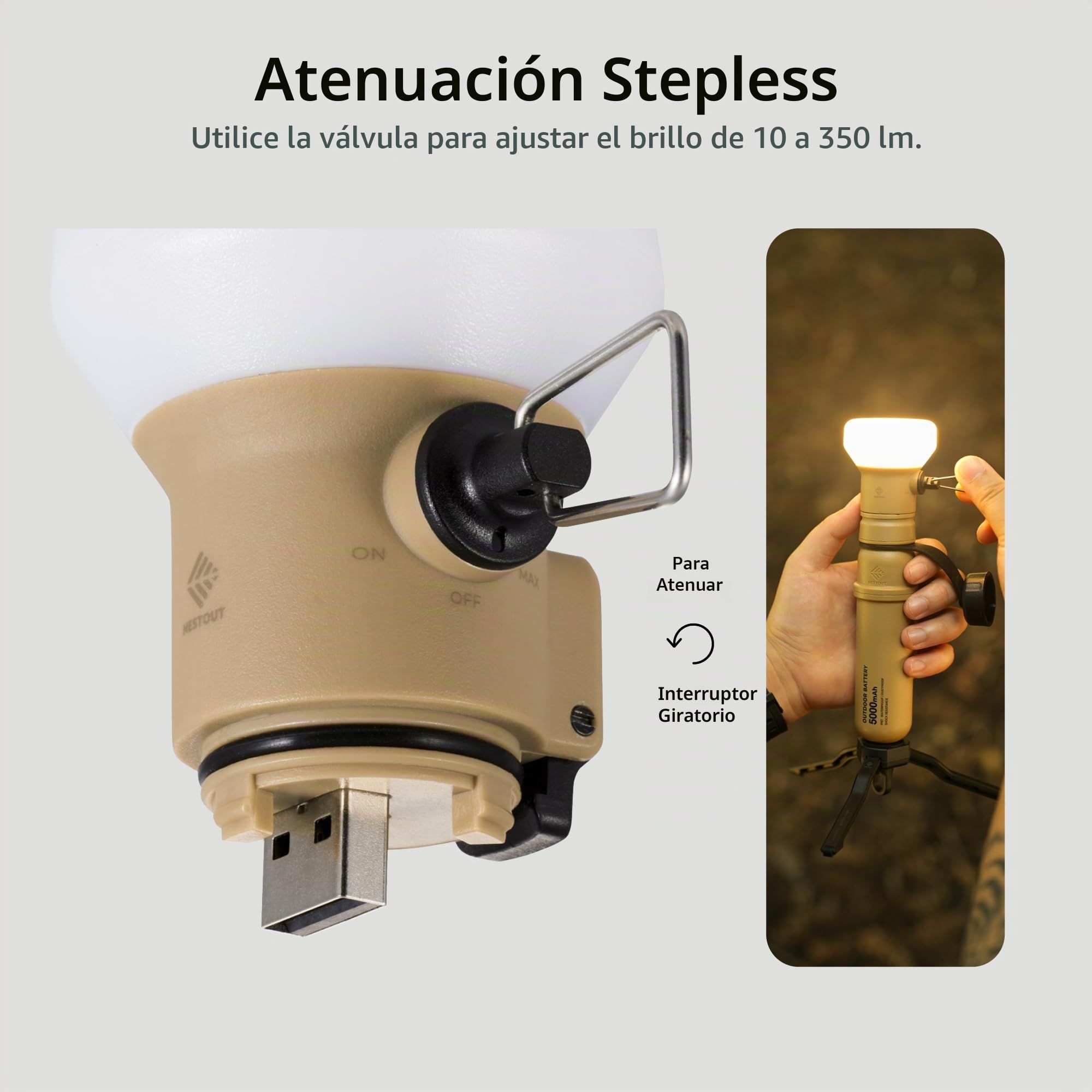ELECOM NESTOUT - Linterna LED para acampar al aire libre con mini trípode, luz LED suave regulable alimentada por USB, IP44, resistente al agua, al polvo, 10-350 lúmenes, lámpara portátil para banco