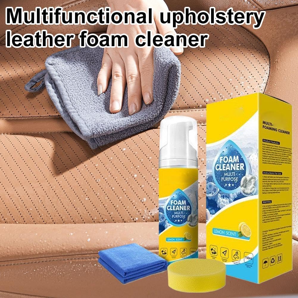 Detergente schiumogeno potente per interni auto con panno in microfibra e spugna, spray multiuso senza risciacquo per la pulizia profonda di sedili in pelle, cruscotto e rivestimenti in tessuto