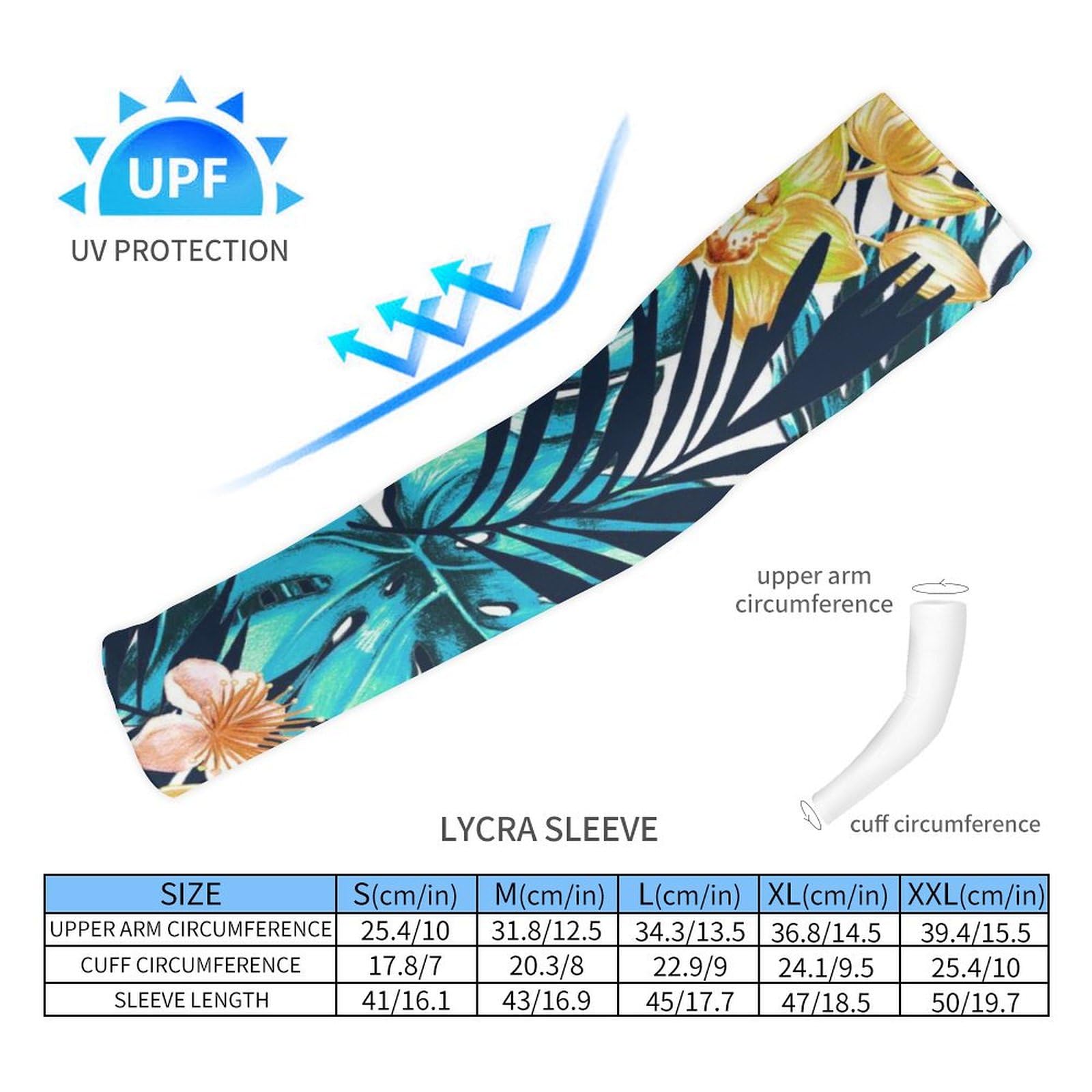 Xmkltbz 1 Pair Cooling Arm Sleeves, Unisex Warmer Spandex Sports Cover Uv Sun Protection for Cycling Golf Running 2XL Print Turquoise Blue Tropical Palm Trees Leaves with Yellow Orchid Flowers