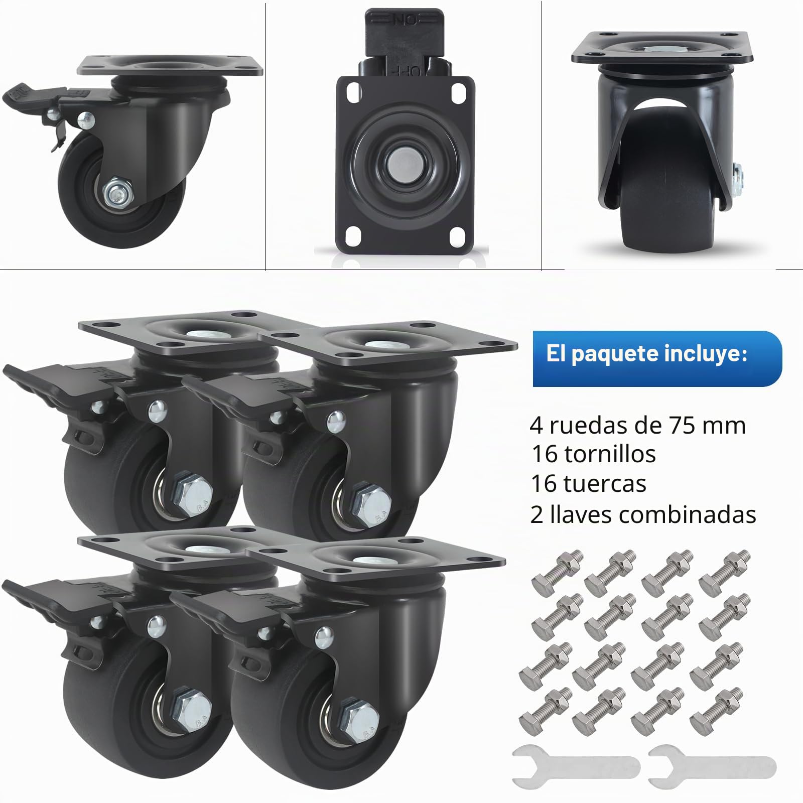 4 Ruedas para Muebles Pesados con Freno Hasta 2000kg, 75MM Ruedas Pivotantes Pesados, Ruedas de Placa Industriales Giratorias 360°, Duradero, Silencioso Nylon Ruedas