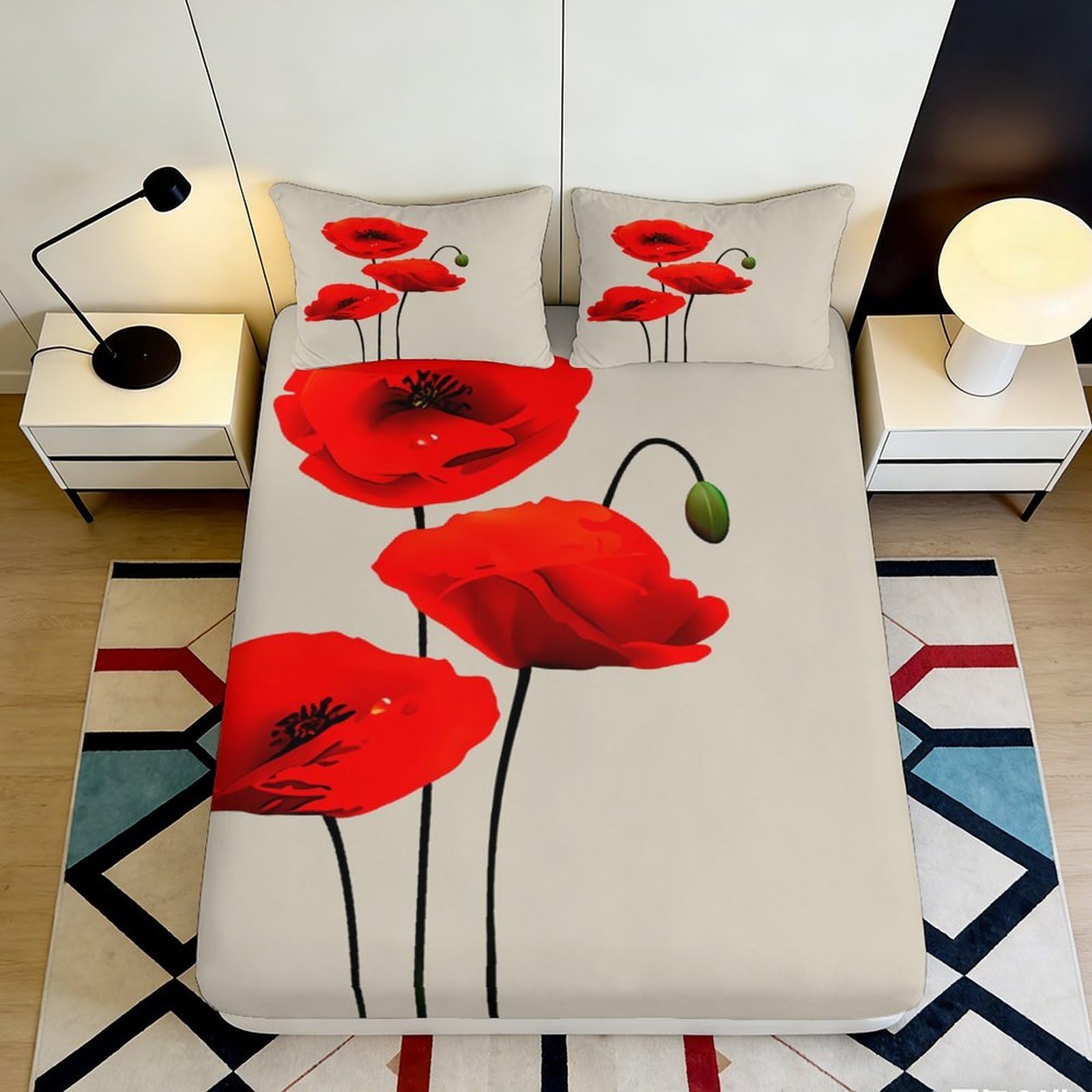 3D Printed Red Poppy Fitted Sheet Microfiber Deep Pocket Non-Slip Bedroom Bedding Red Poppy Mattress Fitted Cover Washable Elastic Hem 140x200x25cm