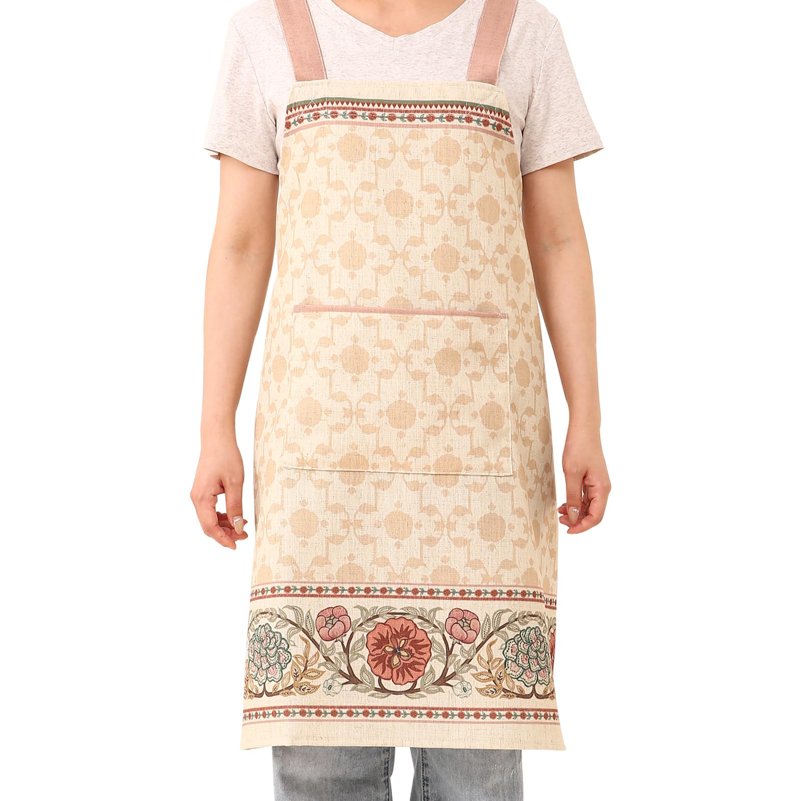 patdrea Delantal de lino floral azul con bolsillo, delantales franceses para cocina, jardín, chef, barbacoa, para mujeres y hombres, correas cruzadas en la espalda